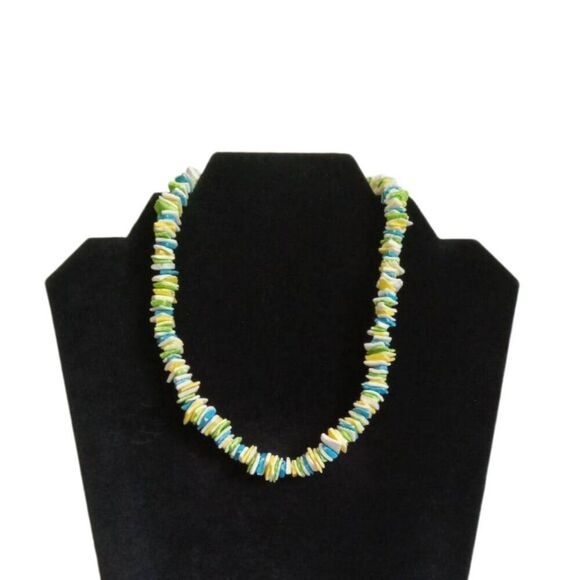 Blue and Green Single Strand Stacked Shell Shard  Pieces Choker Style Necklace - Picture 1 of 9